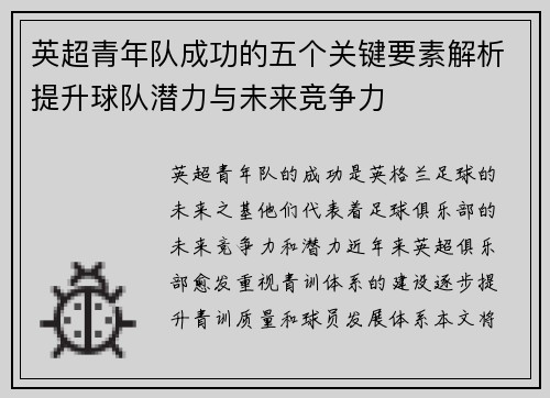 英超青年队成功的五个关键要素解析提升球队潜力与未来竞争力