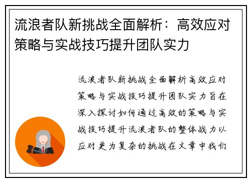 流浪者队新挑战全面解析：高效应对策略与实战技巧提升团队实力